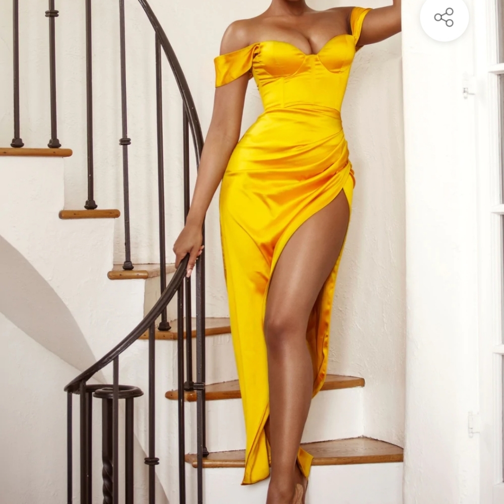 Miss Circle Yellow High Slit Corset Satin Dress